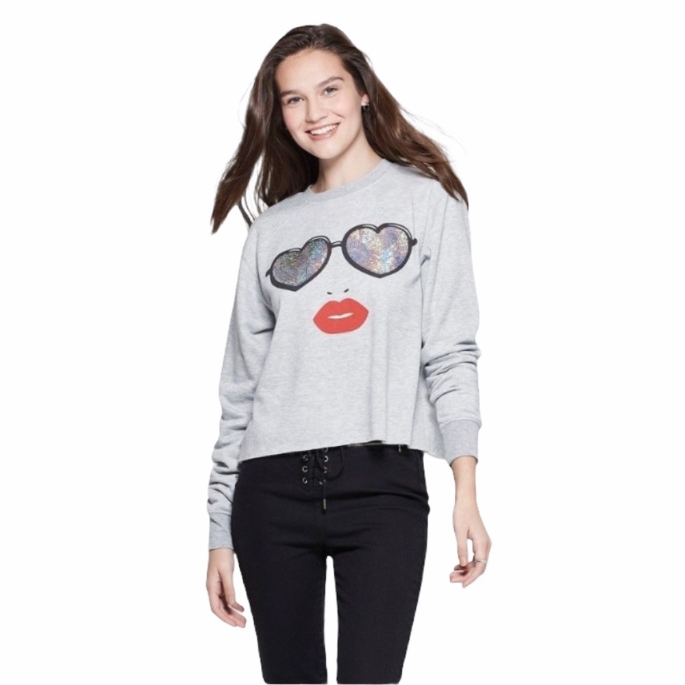 Mighty Fine Heather Gray Graphic Top Sequin Heart Sunglasses Size S